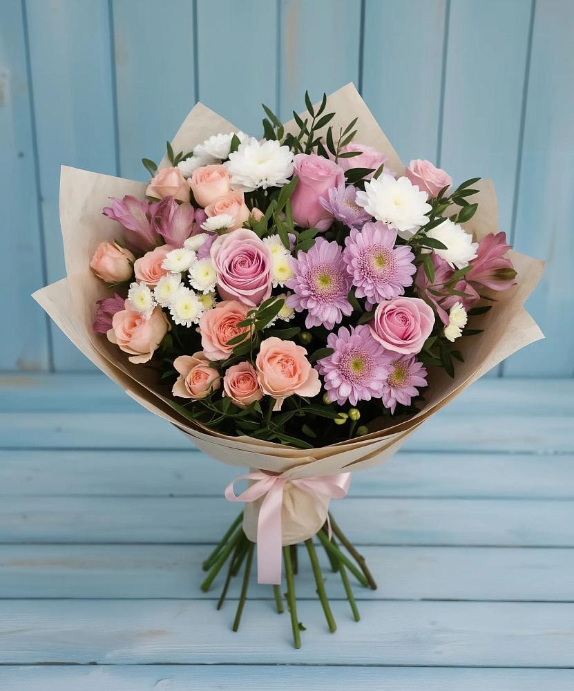 Букет цветов из: Хризантемы, Розы и Альстромерии в Свободном