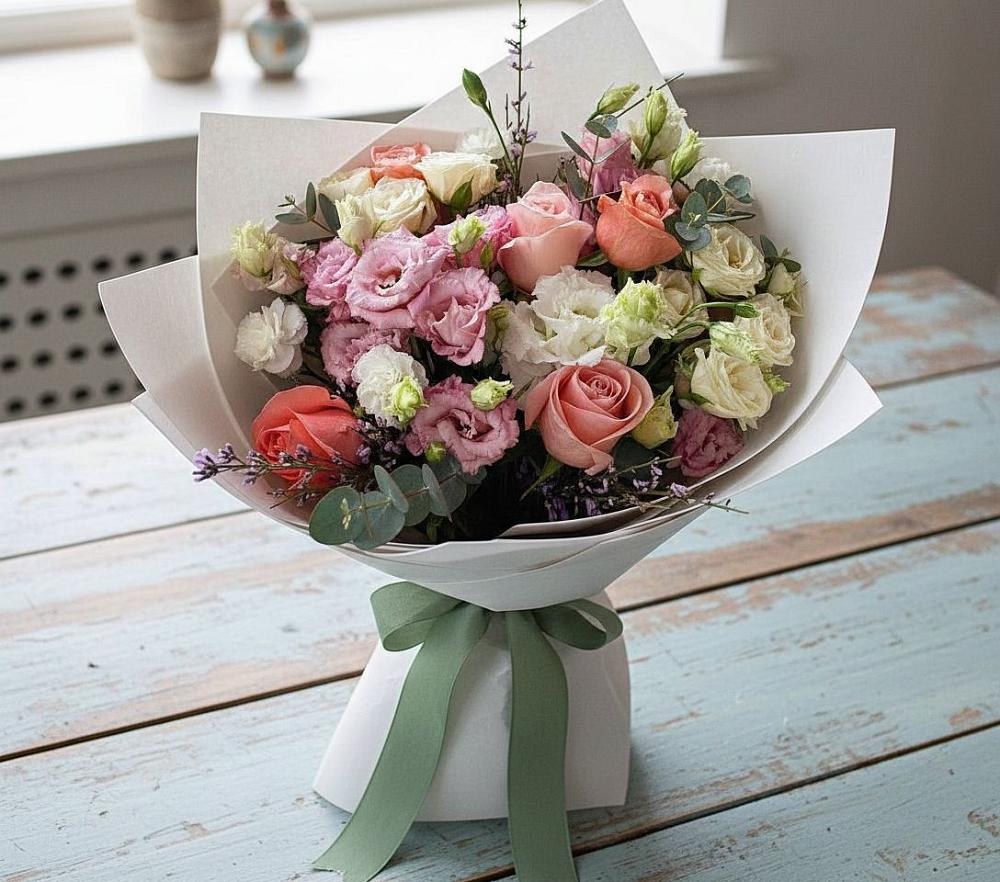 Букет цветов из: Розы, Лизиантусы и Гвоздики в Свободном