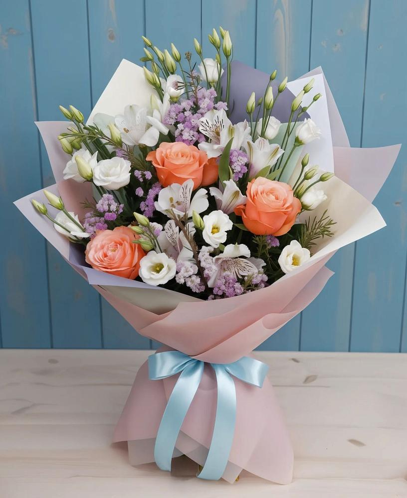 Букет цветов из: Лизиантусы, Розы, Альстромерии и Гипсофила в Свободном